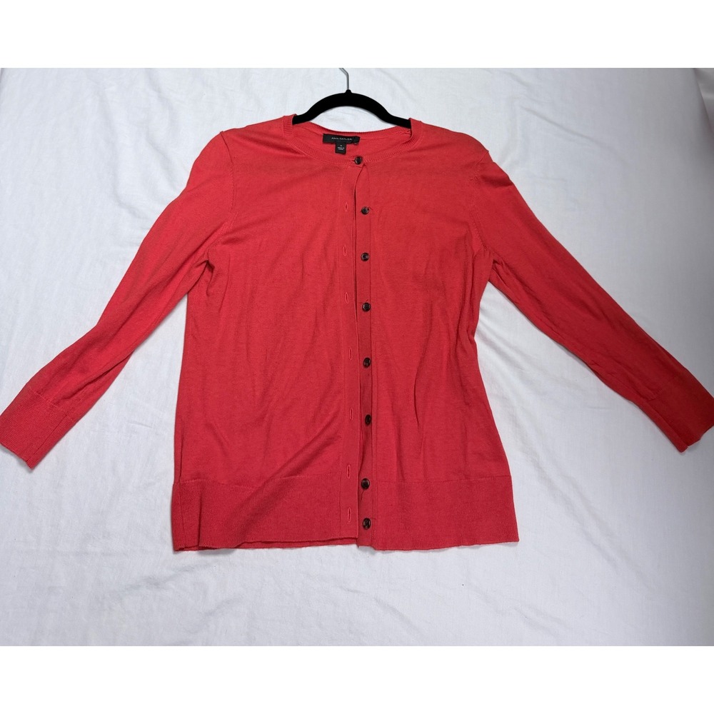 Ann Taylor Red Button Front Cardigan Sweater Crew Neck Cotton Modal Size M